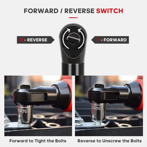 Cordless Ratchet Wrench Set 3 by 8 Inch 12V Max, 400RPM, 45 Nm Torque, showing forward reverse switch for efficient bolt removal