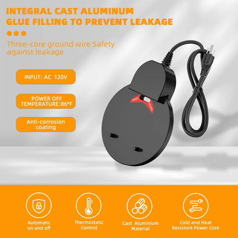 Ditch The Daily Ice Chipping Grind With This Heavy Duty 500W Poultry Water Heater Featuring An Auto Thermostat And Rugged Aluminum Bird Bath Deicer Plus Dependable Livestock Trough Warmer For Backyard Hydration showing a black cast aluminum heater with a power cord.