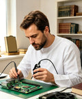 A technician using Two Pack Portable Inductance Meter Handheld Inductance Tester Pro Grade High Precision Circuit Board Tool For Fast Diagnosis Of Electronic Motherboard Faults And Quick Fault Finding On The Go on a green motherboard in an office.