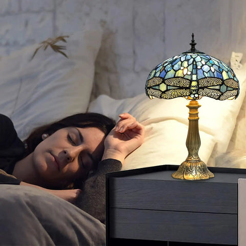 Blue Tiffany Style Dragonfly Stained Glass Table Lamp With Vintage Decor For Bedroom Living Room And Home Office LED Bulbs Included