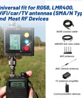 Universal adapter kit, including RG58 coaxial cable, LMR400 cable, and various antennas, shown with a radio testing device.