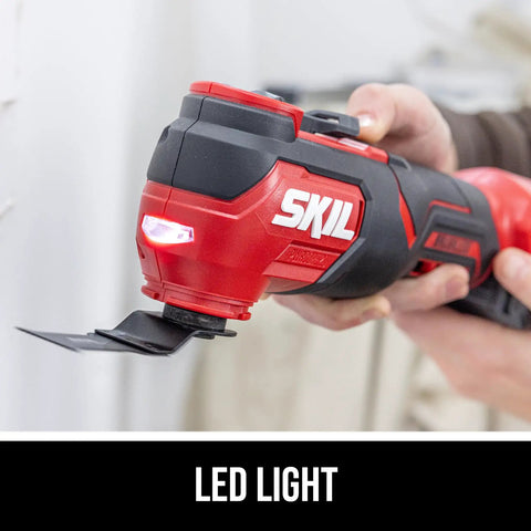 Heavy Duty 20V Brushless Cordless Oscillating Multi Tool Kit Comes Complete With Fast Battery Charger Sandpaper Sheets And Wood Cutting Blades For Kick Butt DIY Renovation Tasks with LED light display.