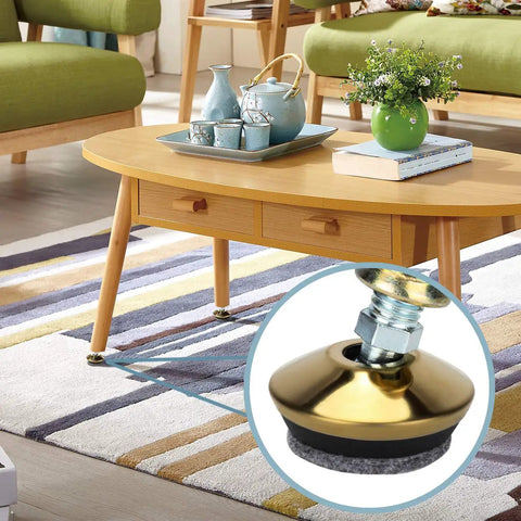 Swivel Furniture Levelers Set, Heavy Duty Go To Adjustable Table Leg Levelers for Tables Chairs and Cabinets, Three Eighths By Sixteen Thread, Brass Base With Four Felt Pads, Solid Steel Core, 4 Pack