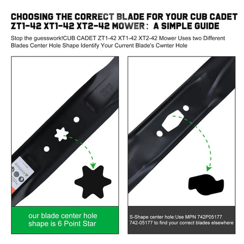 Image showing a comparison guide for Cub Cadet ZT1-42 XT1-42 XT2-42 mower blades featuring a 6-point star center hole.