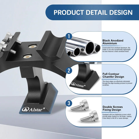 Triple Finder Scope Mounting Bracket for Telescopes, featuring black anodized aluminum material and double screw fixing design.