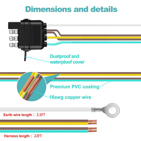 Detailed view of a 22Ft 4 Pin 5 Wire Trailer Wiring Harness with Nylon Net Tube, dustproof cover, and corrosion-resistant copper wires.