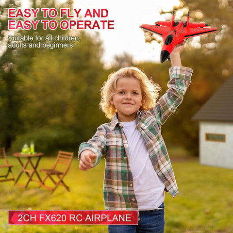 Child holding Super Easy To Fly 2CH RC Airplane With 2.4GHz Remote Control RTF Dope Jet Style SU35 FX620 in a backyard