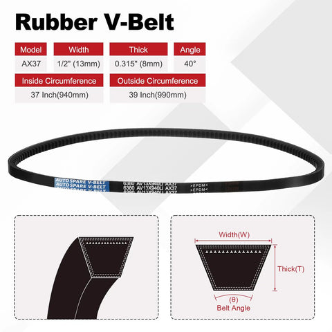 AX37 Cogged V Belt For Industrial Drives, 1/2 Inch Top Width, 5/16 Inch Thick, Inside 37 Inch Outside 39 Inch, Raw Edge EPDM Rubber Belt, Oil And Heat Resistant, Cold Resistant, Durable Belt Construction