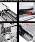 Close-up of 3 Axis 6040 XC60F CNC Router with sturdy aluminum frame and T-slot table highlighting X, Y, Z axes for precise work.