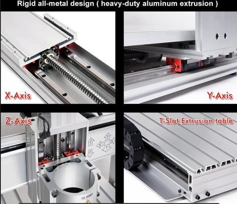 Close-up of 3 Axis 6040 XC60F CNC Router with sturdy aluminum frame and T-slot table highlighting X, Y, Z axes for precise work.