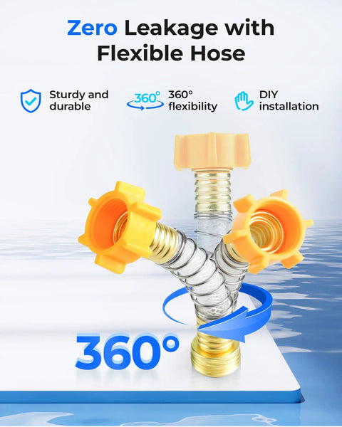 Flex hose of RV Inline Water Filter NSF Certified reduces chlorine bad taste and odor with KDF and GAC filtration 2 pack.