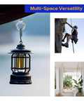 Collage of a lantern hanging outdoors, a climber ascending a rock, and a swing in a sunlit room, showcasing multi-space versatility.