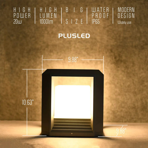 Outdoor Post Lights For Deck Fence And Yard With Hard Wired 120V 20W 3000K LED Pillar Lights Waterproof ETL Listed Modern Exterior Lighting For Garden Driveway Patio shown with dimensions and light specifications