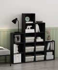 Open Shelf Bookcase For Living Room, Bedroom, And Home Office with decor, books, and baskets; sturdy wood frame and modern design.