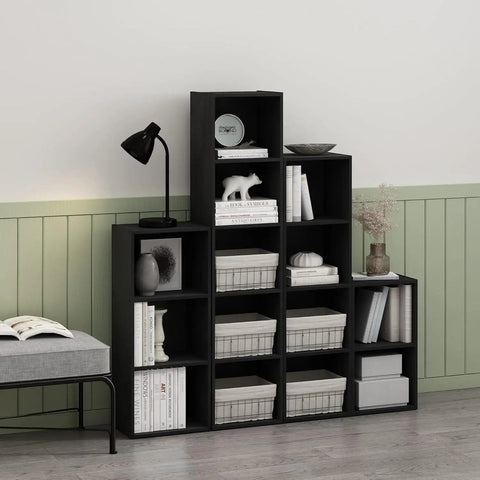 Open Shelf Bookcase For Living Room, Bedroom, And Home Office with decor, books, and baskets; sturdy wood frame and modern design.