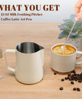 12 Oz Milk Frothing Pitcher With Clear Scale 304 Stainless Steel Barista Pouring Cup next to coffee art in mug