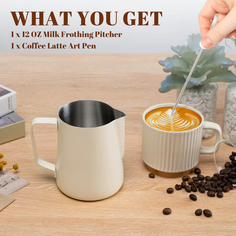 12 Oz Milk Frothing Pitcher With Clear Scale 304 Stainless Steel Barista Pouring Cup next to coffee art in mug