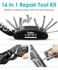 16 in 1 multifunctional tool from Bike Tire Repair Kit With Waterproof Saddle Bag On The Go, featuring various attachments.