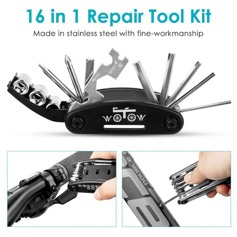 16 in 1 multifunctional tool from Bike Tire Repair Kit With Waterproof Saddle Bag On The Go, featuring various attachments.