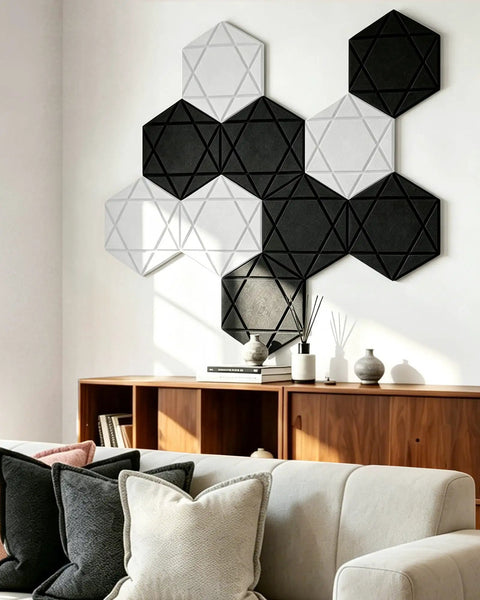 Kick The Echo To The Curb With Hexagon Acoustic Panels 12 Pack on a wall, featuring black and white designs, enhancing room acoustics.