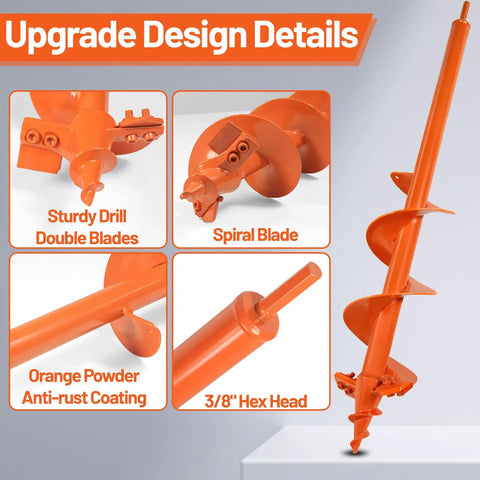 4X24 Inch Auger Drill Bit For Planting Heavy Duty Garden Post Hole Digger with Spiral Double Blade and 3/8 Inch Hex Drive Design