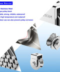 Close-up of Two Pack 2 Inch Stainless Steel V Groove Pulley Wheel Set For Heavy Duty Gate Tracks and Sliding Rollers with 880 lbs