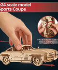 Winged Sports Coupe 1:24 Wooden Model Kit for Adults, DIY 3D Puzzle Car With Gull Wing Design, Pull Back Ratchet Key Action, Realistic Details, Gearhead Approved Auto Hobby Favorite, 1:24 wooden sports coupe with pull-back action