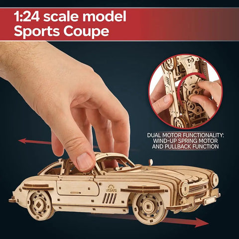 Winged Sports Coupe 1:24 Wooden Model Kit for Adults, DIY 3D Puzzle Car With Gull Wing Design, Pull Back Ratchet Key Action, Realistic Details, Gearhead Approved Auto Hobby Favorite, 1:24 wooden sports coupe with pull-back action