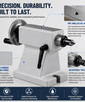 Rock Solid MT2 Lathe Tailstock Featuring 50mm Telescopic Travel And Detachable Rotary Live Center shown with pre-drilled oil hole and adjustable tailstock.