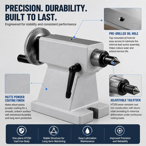 Rock Solid MT2 Lathe Tailstock Featuring 50mm Telescopic Travel And Detachable Rotary Live Center shown with pre-drilled oil hole and adjustable tailstock.
