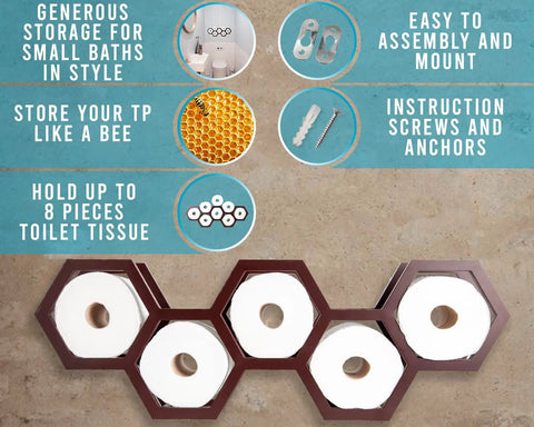Honeycomb Floating Toilet Paper Holder And Wall Mounted Shelf In Dark Brown Paulownia Wood with 8 rolls and mounting hardware