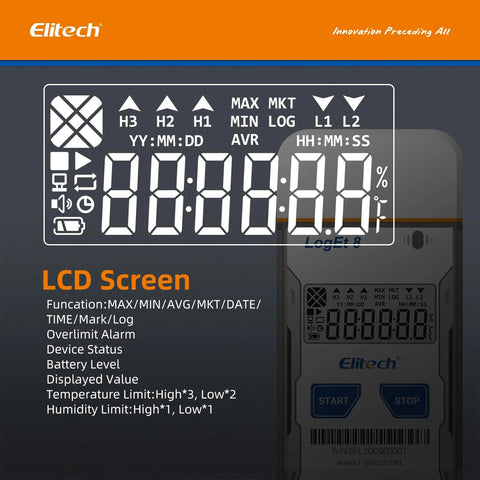 Elitech USB temperature data logger front view on orange-blue packaging; LCD display visible.