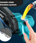 Cordless 8 Inch Mini Chainsaw With Dual 4000mAh Batteries, Powered Oiler being filled for home and garden use
