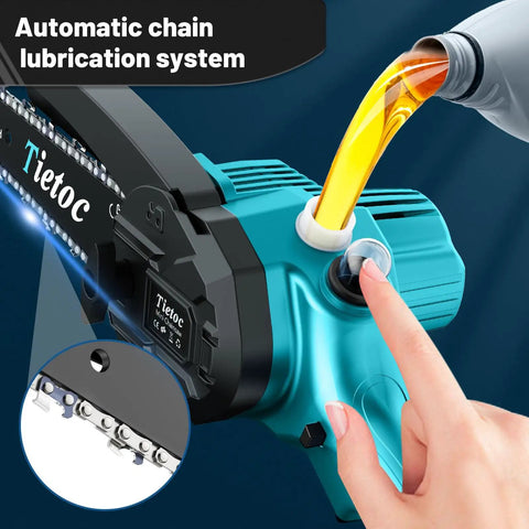 Cordless 8 Inch Mini Chainsaw With Dual 4000mAh Batteries, Powered Oiler being filled for home and garden use