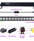 Two Pack LED Black Light Bar With Switch And Plug 5ft Cable 38W UV Glow Light, showing dimensions and features.