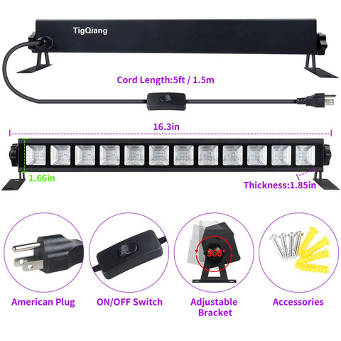Two Pack LED Black Light Bar With Switch And Plug 5ft Cable 38W UV Glow Light, showing dimensions and features.