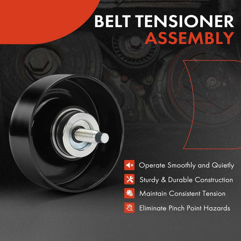 Front view of A-Premium belt idler pulley, black metal wheel with silver threaded shaft, automotive part