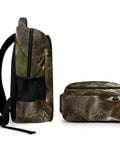 Woodland Raccoon Print Backpack For Everyone With Large Capacity side and top view showing durable polyester fabric