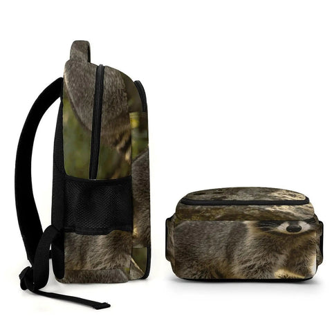 Woodland Raccoon Print Backpack For Everyone With Large Capacity side and top view showing durable polyester fabric
