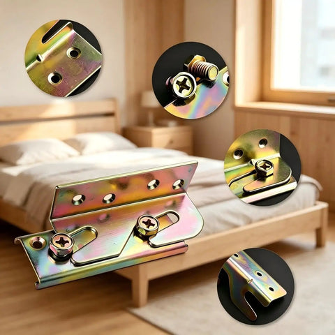 Heavy Duty Bed Rail Brackets With Mounting Screws Built Tough Rock Solid Galvanized Steel Hardware close-up with screws on wooden bed.