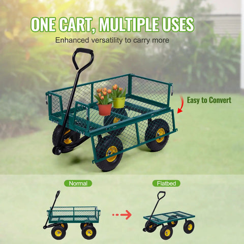 Heavy Duty Garden Cart 400 Lb Utility Wagon With Removable Mesh Sides And Flatbed Conversion Powder Coated Steel Bed