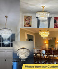 Collage of 12 Light Gold Modern Crystal Chandelier Three Tier Pendant Lighting Fixture installed in various rooms