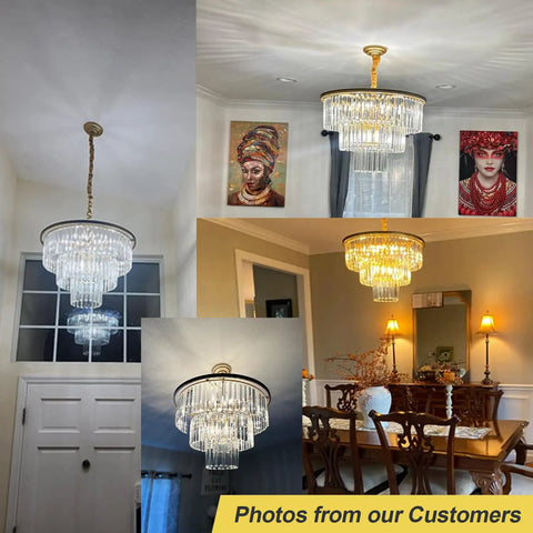 Collage of 12 Light Gold Modern Crystal Chandelier Three Tier Pendant Lighting Fixture installed in various rooms