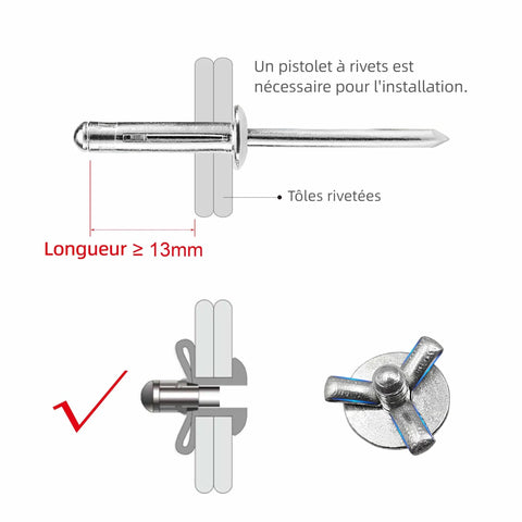 50 Pcs Tri Fold Aluminum Blind Rivets Set Tri Grip Exploding Bulb Style Pop Rivets For Auto Body And Soft Or Plastic Materials All Black Three Sixteenth Inch By Forty Five Sixty Fourth Inch Large Head Five Eighth Inch shown in side view, illustrating usage and required length.