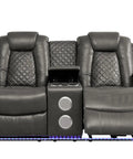 Leather Power Recliner Sofa Set With LED Ambient Lighting Three Piece Home Theater Seating Sofa Loveseat and Chair Wireless Charging Cup Holders Storage Box For Living Room - front view with speakers and quilted design