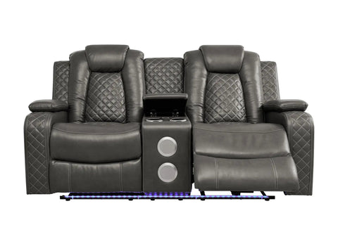 Leather Power Recliner Sofa Set With LED Ambient Lighting Three Piece Home Theater Seating Sofa Loveseat and Chair Wireless Charging Cup Holders Storage Box For Living Room - front view with speakers and quilted design