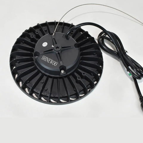 Ridiculously Bright 150W LED High Bay Light With 21000 Lumens 5000K Waterproof UFO Fixture For Warehouse Garage Shop And Factory 110 To 277V US Plug 5 Ft Cable Two Pack, seen from top view showing black circular design