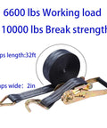 Heavy Duty Ratchet Straps 8000 Lbs Break Strength 2 Inch By 32 Feet Tie Down Straps With Beefy Double J Hooks shown in black