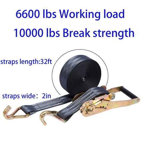 Heavy Duty Ratchet Straps 8000 Lbs Break Strength 2 Inch By 32 Feet Tie Down Straps With Beefy Double J Hooks shown in black