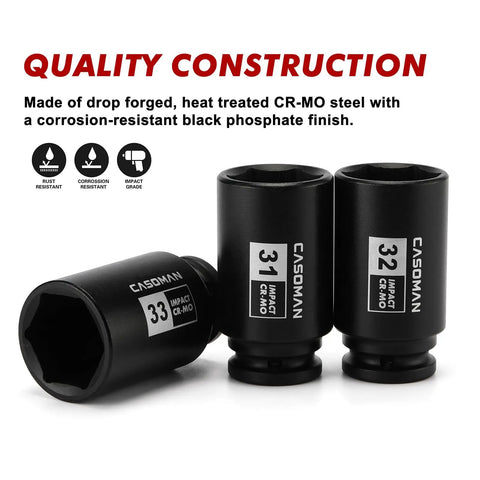 1/2 Inch Drive Deep Impact Socket Set, 9 Piece Metric Range 29mm Through 38mm, 6 Point Axle Nut Sockets, CR-MO Drop Forged